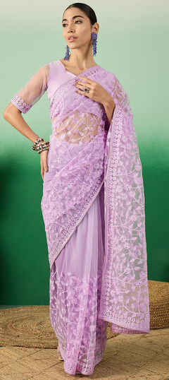 Party Wear Purple and Violet color Saree in Net fabric with Classic Embroidered, Resham, Stone, Thread work : 1954466