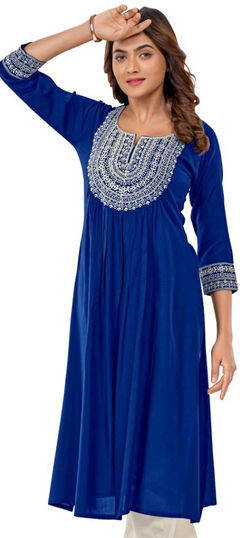 Summer Blue color Kurti in Rayon fabric with A Line, Long Sleeve Embroidered, Thread work : 1954469