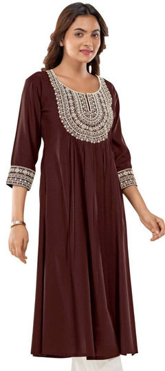 Summer Red and Maroon color Kurti in Rayon fabric with A Line, Long Sleeve Embroidered, Thread work : 1954471