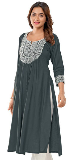 Summer Beige and Brown color Kurti in Rayon fabric with A Line, Long Sleeve Embroidered, Thread work : 1954472