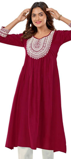 Summer Red and Maroon color Kurti in Rayon fabric with A Line, Long Sleeve Embroidered, Thread work : 1954473