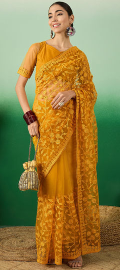 Yellow color Saree in Net fabric with Embroidered, Resham, Stone, Thread work