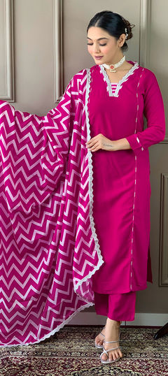 Pink and Majenta color Salwar Kameez in Viscose fabric with Embroidered, Printed work