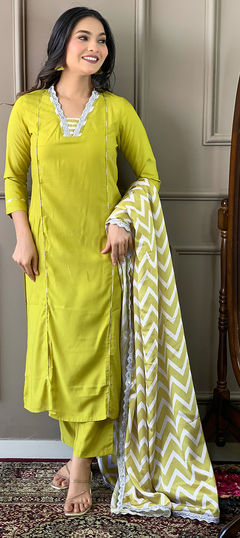 Yellow color Salwar Kameez in Viscose fabric with Embroidered, Printed work
