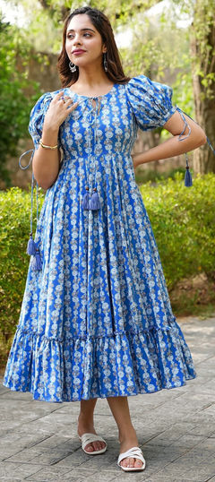 Summer Blue color Dress in Rayon fabric with Anarkali Digital Print work : 1954512