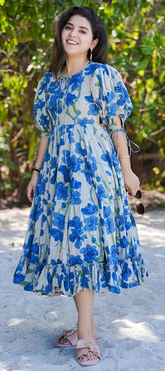 Summer Blue color Dress in Rayon fabric with Anarkali Digital Print, Floral work : 1954515