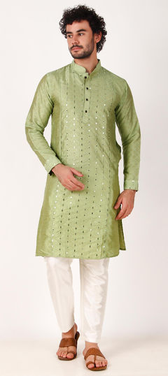 Green color Kurta Pyjamas in Art Silk fabric with Embroidered, Mirror work