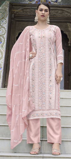 Festive, Party Wear Pink and Majenta color Salwar Kameez in Faux Georgette fabric with Straight Embroidered, Resham, Sequence, Thread work : 1954568