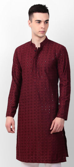 Red and Maroon color Kurta in Cotton fabric with Embroidered, Sequence work