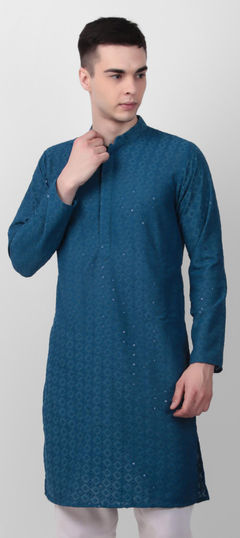 Blue color Kurta in Cotton fabric with Embroidered, Sequence work