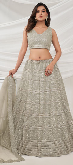 Bridal, Wedding Beige and Brown color Lehenga in Net fabric with Flared Embroidered, Sequence, Thread work : 1954619