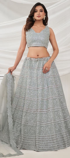 Bridal, Wedding Black and Grey color Lehenga in Net fabric with Flared Embroidered, Sequence, Thread work : 1954620