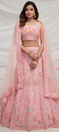 Bridal, Wedding Pink and Majenta color Lehenga in Net fabric with Flared Embroidered, Sequence, Thread work : 1954621