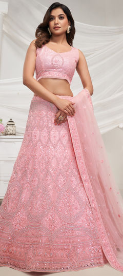 Bridal, Wedding Pink and Majenta color Lehenga in Net fabric with Flared Embroidered, Sequence, Thread work : 1954622