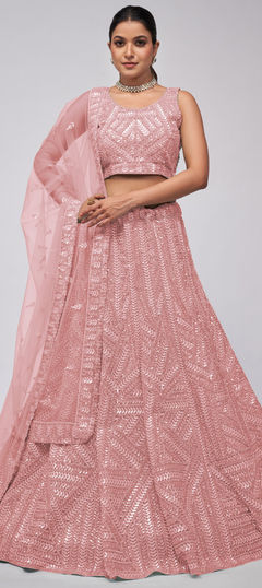 Bridal, Wedding Pink and Majenta color Lehenga in Net fabric with Flared Embroidered, Sequence, Stone work : 1954624