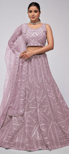 Bridal, Wedding Purple and Violet color Lehenga in Net fabric with Flared Embroidered, Sequence, Stone work : 1954625