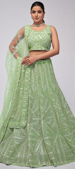 Bridal, Wedding Green color Lehenga in Net fabric with Flared Embroidered, Sequence, Stone work : 1954627