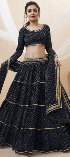 Engagement, Festive, Reception Black and Grey color Lehenga in Georgette fabric with Flared Lace, Lehariya, Printed work : 1954628