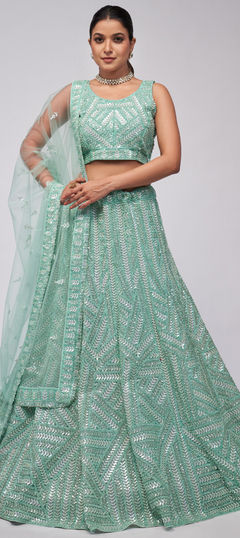 Bridal, Wedding Green color Lehenga in Net fabric with Flared Embroidered, Sequence, Stone work : 1954629