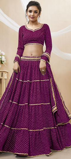 Purple and Violet color Lehenga in Georgette fabric with Lace, Lehariya, Printed work