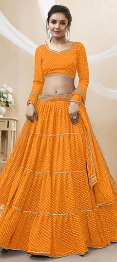 Yellow color Lehenga in Georgette fabric with Lace, Lehariya, Printed work