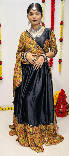 Black and Grey color Lehenga in Rayon, Silk fabric with Lace, Mirror, Printed work