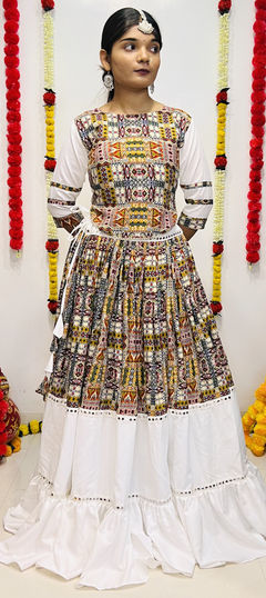 White and Off White color Lehenga in Rayon, Silk fabric with Lace, Mirror, Printed work