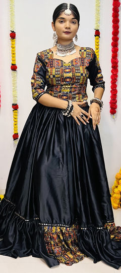 Black and Grey color Lehenga in Rayon, Silk fabric with Lace, Mirror, Printed work