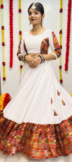 White and Off White color Lehenga in Rayon, Silk fabric with Lace, Mirror, Printed work