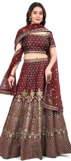 Red and Maroon color Lehenga in Satin Silk fabric with Sequence, Thread work