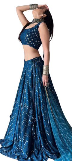 Bridal, Wedding Blue color Lehenga in Faux Georgette fabric with Flared Embroidered, Sequence, Thread work : 1954655