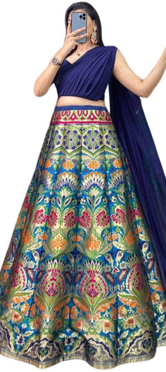 Bridal, Wedding Blue color Lehenga in Banarasi Silk fabric with Flared Weaving, Zari work : 1954661