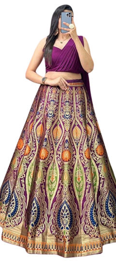 Bridal, Wedding Purple and Violet color Lehenga in Banarasi Silk fabric with Flared Weaving, Zari work : 1954663