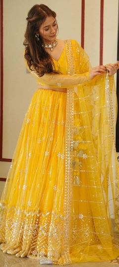 Bridal, Wedding Yellow color Lehenga in Net fabric with Flared Embroidered, Thread work : 1954666