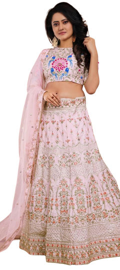 Bridal, Wedding Pink and Majenta color Lehenga in Silk fabric with Flared Embroidered, Sequence, Thread work : 1954667