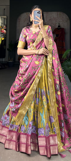 Engagement, Festive, Reception Yellow color Lehenga in Dolla Silk fabric with Flared Printed, Weaving, Zari work : 1954685