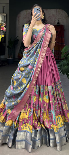 Engagement, Festive, Reception Pink and Majenta color Lehenga in Dolla Silk fabric with Flared Printed, Weaving, Zari work : 1954687