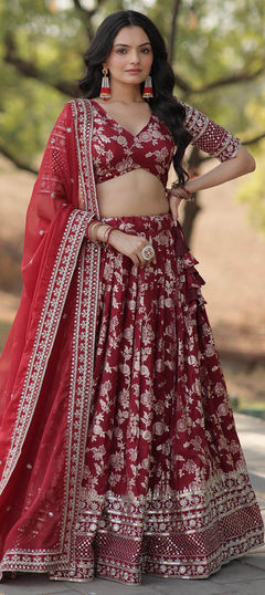 Bridal, Mehendi Sangeet, Wedding Red and Maroon color Lehenga in Viscose fabric with Flared Embroidered, Sequence work : 1954725