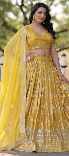 Bridal, Mehendi Sangeet, Wedding Yellow color Lehenga in Viscose fabric with Flared Embroidered, Sequence work : 1954727