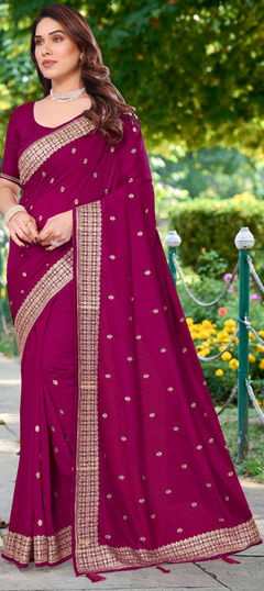 Pink and Majenta color Saree in Silk fabric with Embroidered, Thread, Zari work