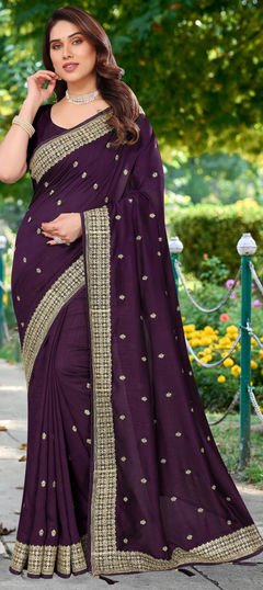 Purple and Violet color Saree in Silk fabric with Embroidered, Thread, Zari work