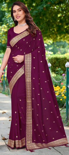 Purple and Violet color Saree in Silk fabric with Embroidered, Thread, Zari work