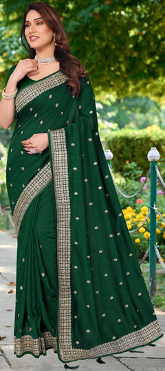 Green color Saree in Silk fabric with Embroidered, Thread, Zari work