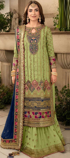 Engagement, Mehendi Sangeet, Wedding Green color Salwar Kameez in Faux Georgette fabric with Palazzo, Straight Embroidered, Patch, Sequence, Thread work : 1954870