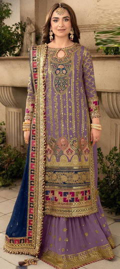 Engagement, Mehendi Sangeet, Wedding Purple and Violet color Salwar Kameez in Faux Georgette fabric with Palazzo, Straight Embroidered, Patch, Sequence, Thread work : 1954874