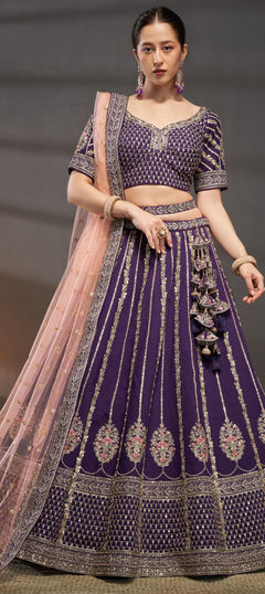 Bridal, Wedding Purple and Violet color Lehenga in Silk fabric with Flared Embroidered, Sequence, Thread, Zircon work : 1954880