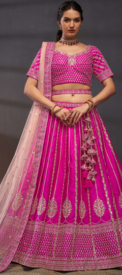 Bridal, Wedding Pink and Majenta color Lehenga in Silk fabric with Flared Embroidered, Sequence, Thread, Zircon work : 1954883