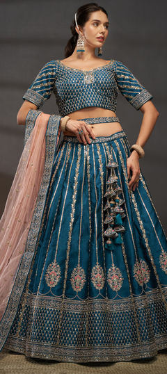 Bridal, Wedding Blue color Lehenga in Silk fabric with Flared Embroidered, Sequence, Thread, Zircon work : 1954884