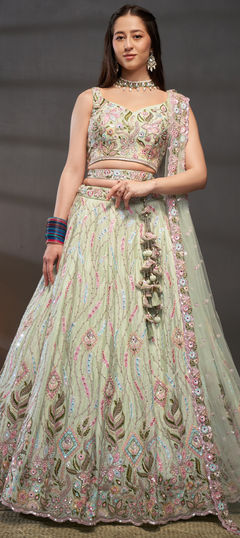 Green color Lehenga in Chiffon fabric with Embroidered, Mirror, Sequence, Thread, Zircon work