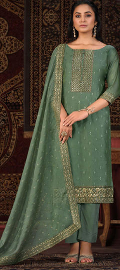 Green color Salwar Kameez in Organza Silk fabric with Embroidered, Sequence, Thread, Zari work